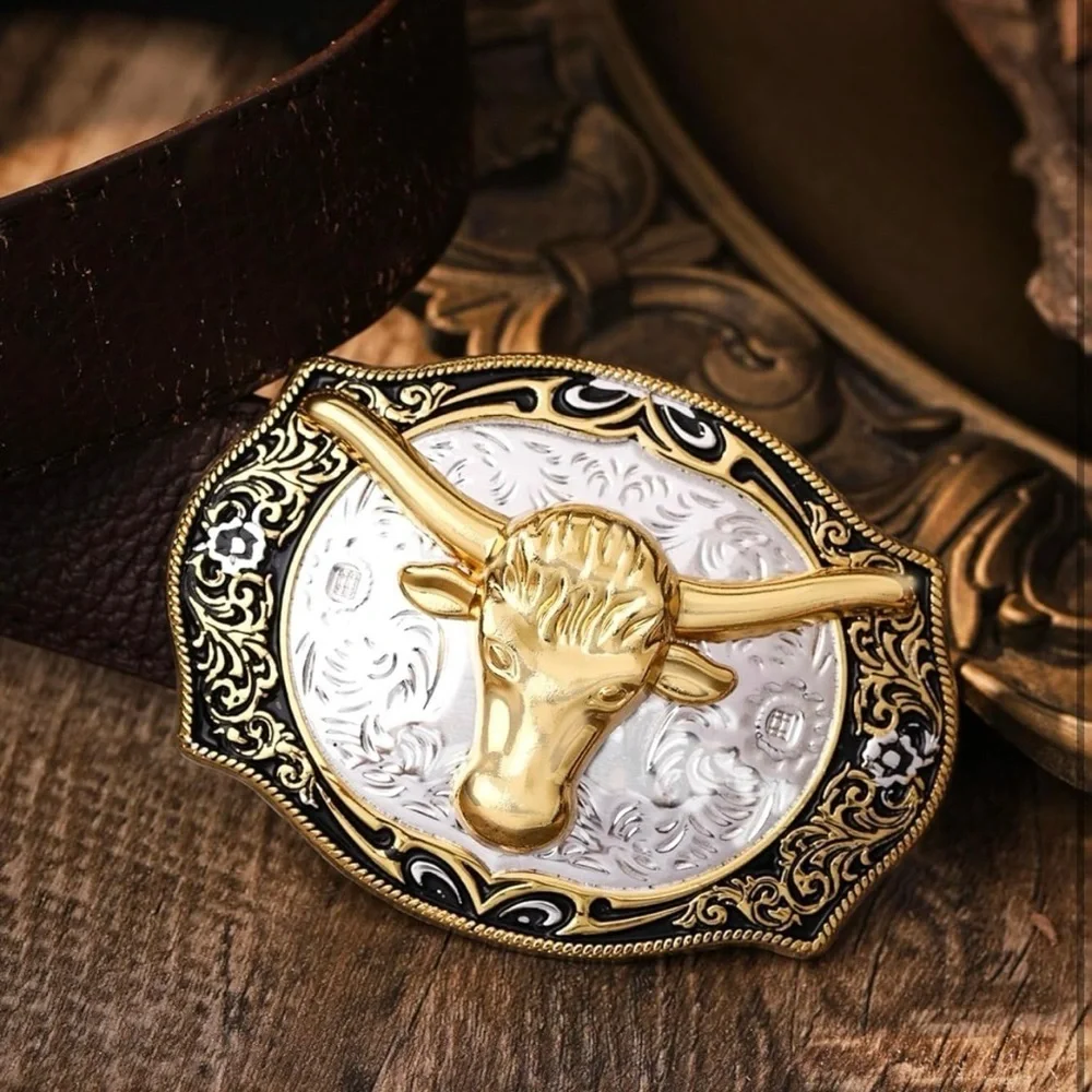Vintage style Gold and Silver Bull Belt Buckle